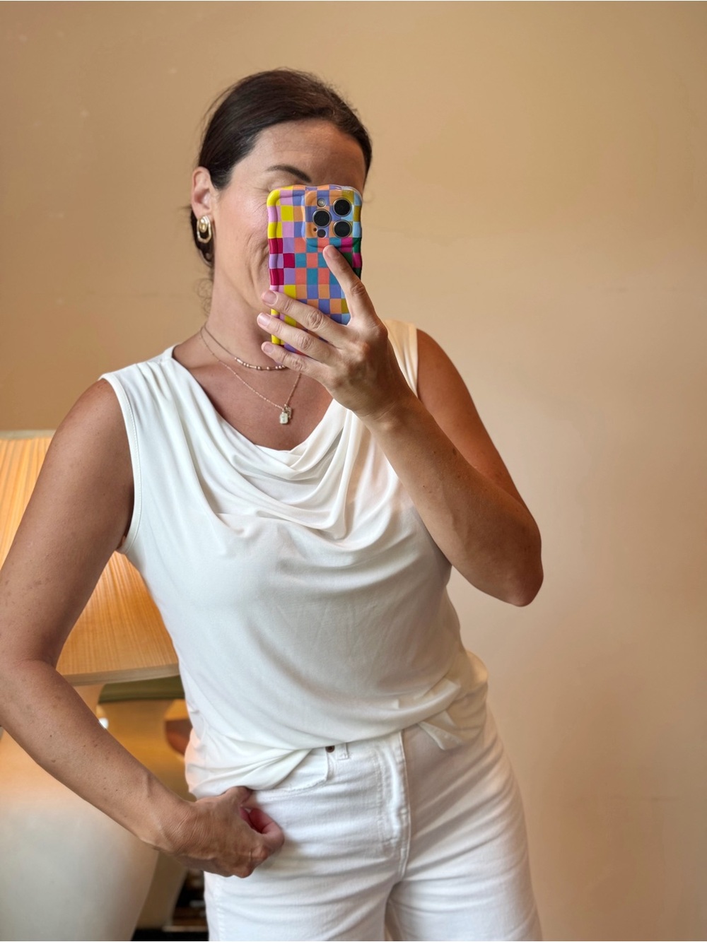 Draped Neck Sleeveless Top - White